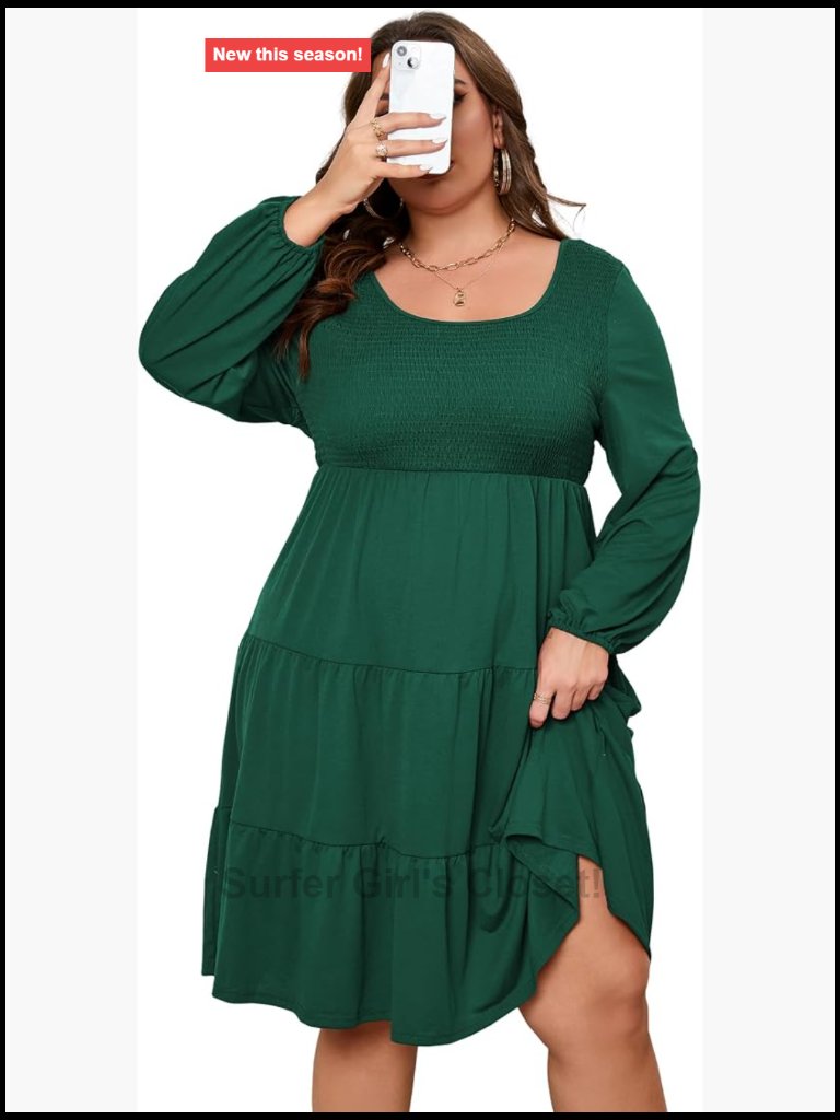 Smocked Long Lantern Sleeve Dress Scoop Neck High Waist Tiered Ruffle Midi Dress